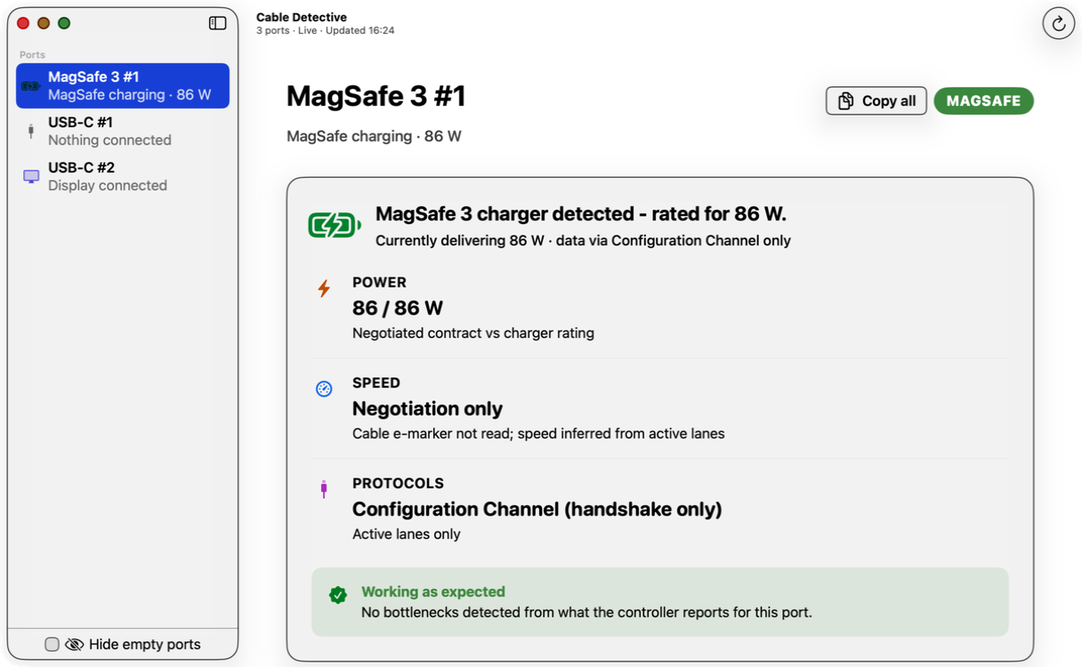 Cable Detective showing a MagSafe 3 port charging at 86 W, with cable e-marker, power, speed, and protocol details.