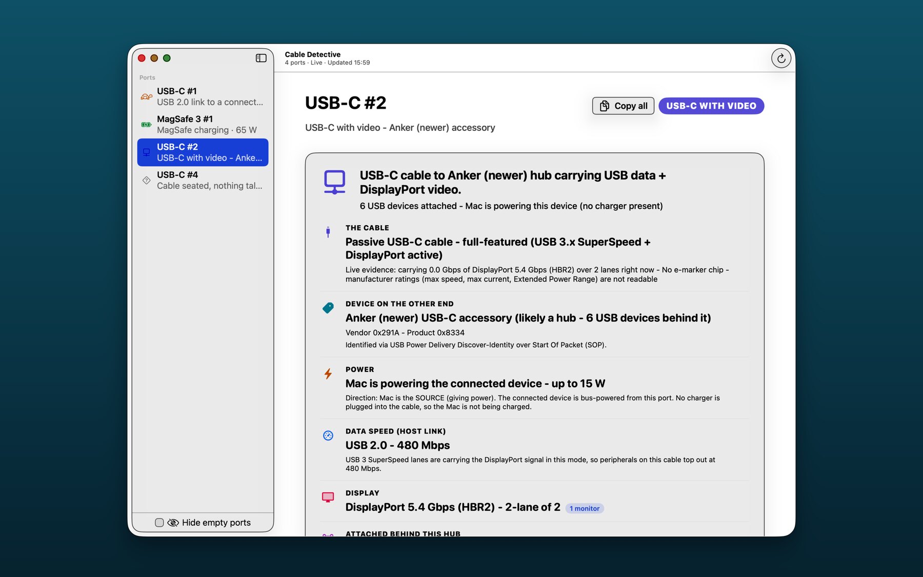 Cable Detective showing USB-C #2 with an Anker hub carrying USB data plus DisplayPort video at HBR2.