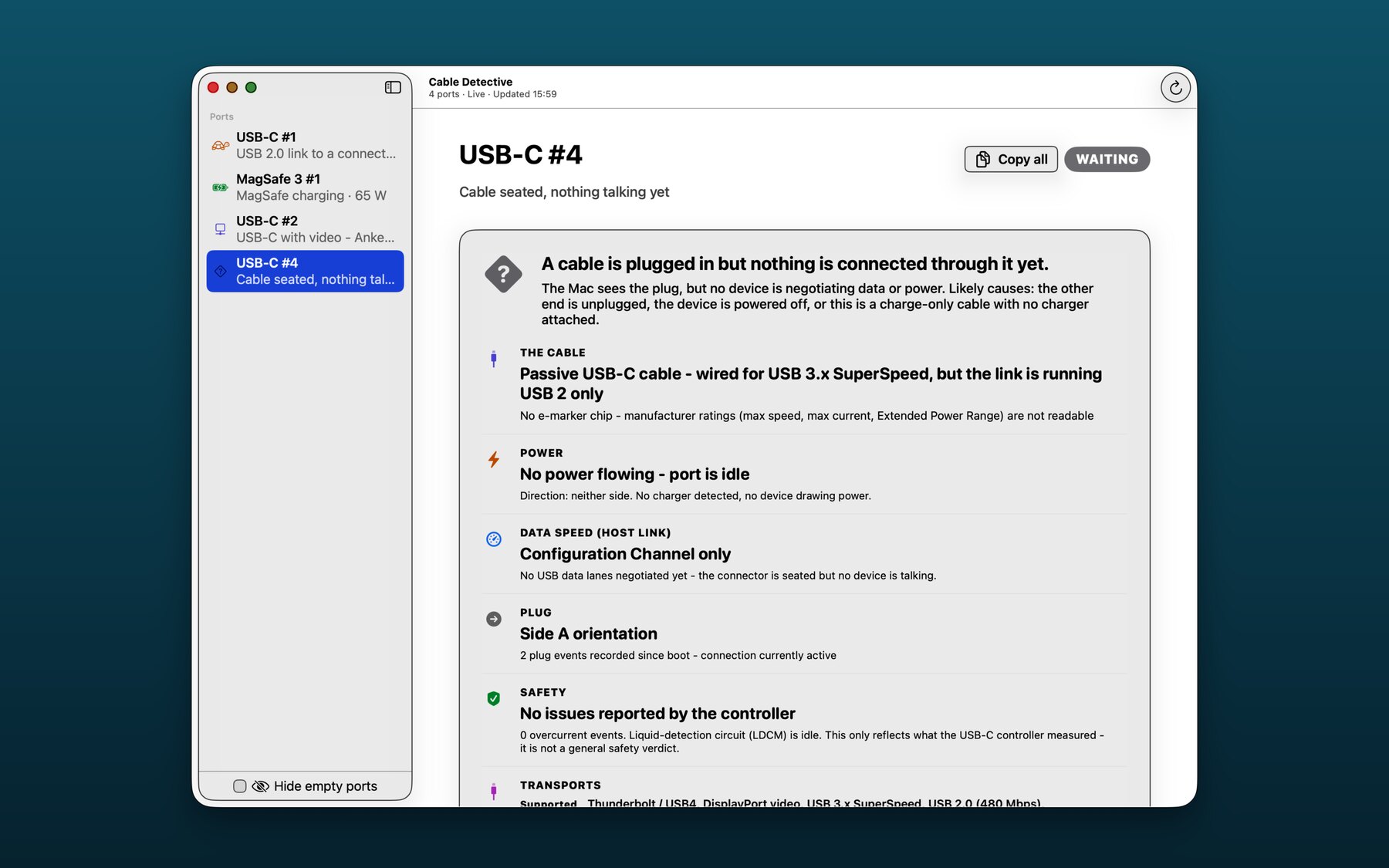 Cable Detective showing USB-C #4 with a cable seated but nothing connected - waiting state, no power flowing, configuration channel only.