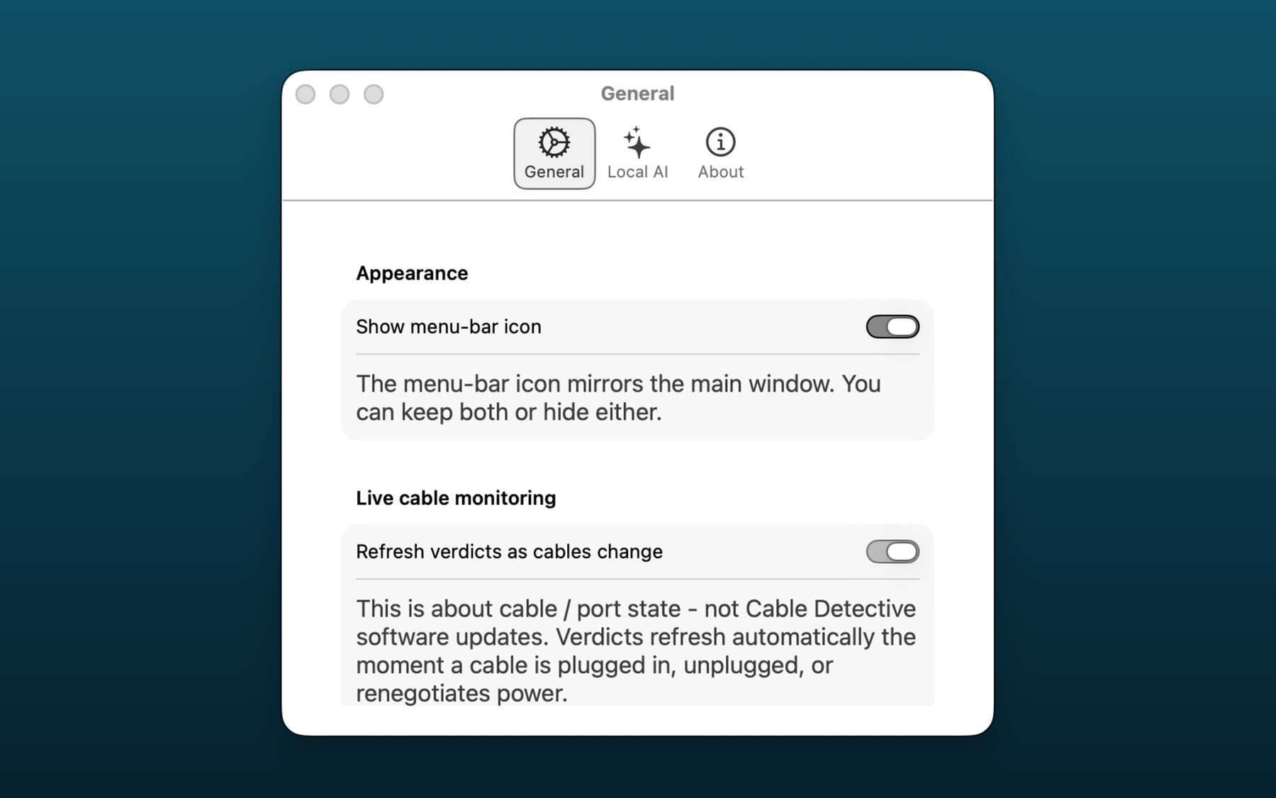 Cable Detective Settings - General tab. Live cable monitoring section explains that verdicts refresh automatically and the section is about cable state, not Cable Detective software updates.